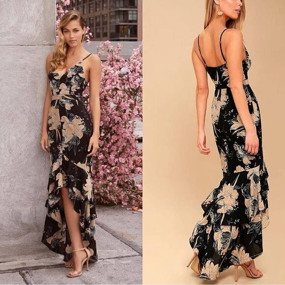 Lulus Darling Daylily High Low Maxi Black Dress Floral Print Size XXS - Picture 4 of 9
